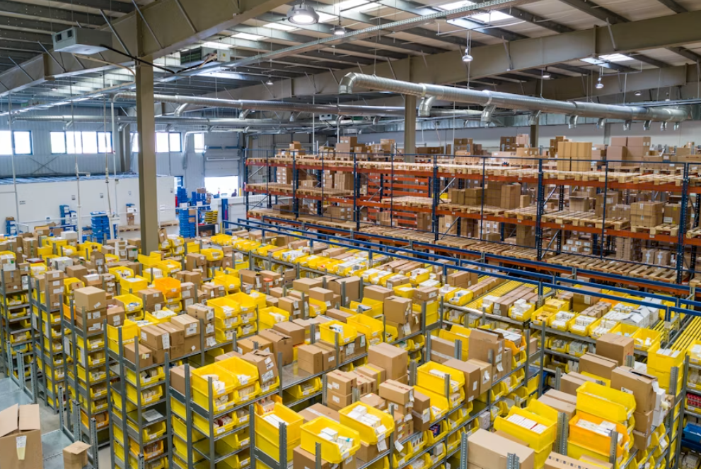 Large industrial warehouse with shelving