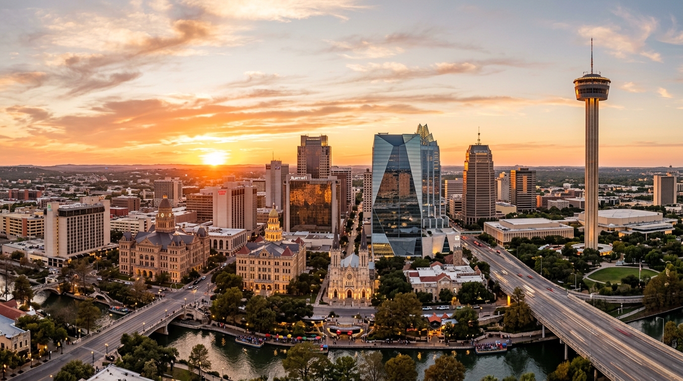 San Antonio skyline and Bexar County River Walk commercial area